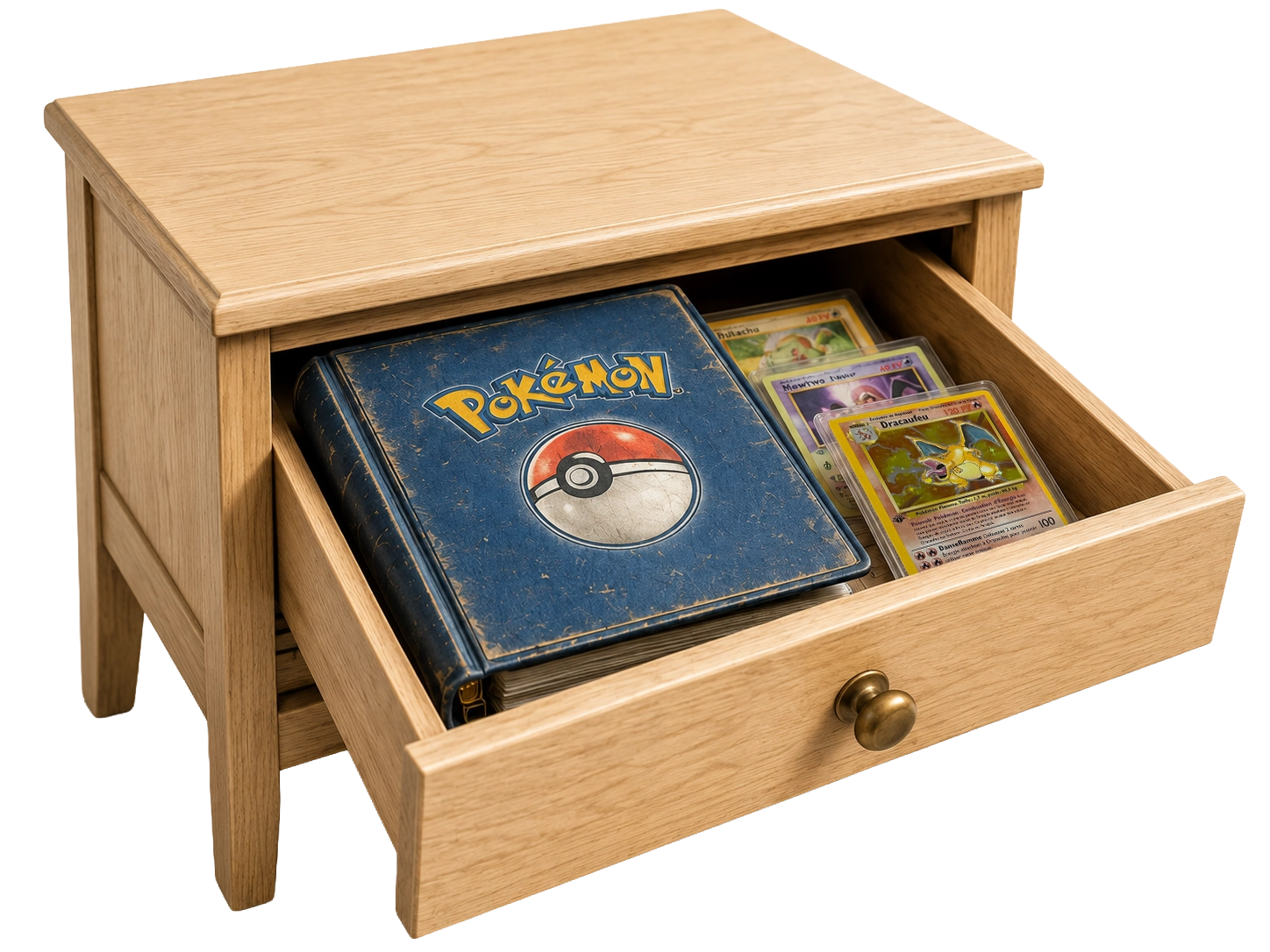 Commode ouverte avec un classeur Pokémon et plusieurs cartes à l’intérieur